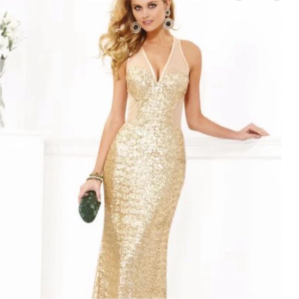 🔴CLEARANCE NEW FAVIANA SZ 4 GOLD NUDE ILLUSION SEQUIN STRAPLESS CUT OUT GOWN - Picture 2 of 12